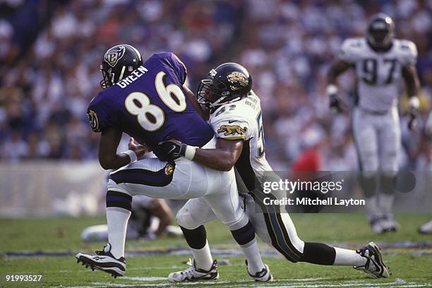 Kevin Hardy of the Jacksonville Jaguars makes a tackle during a NFL football game against the Pittsburgh Steelers on August 31, 1997 at Memorial...