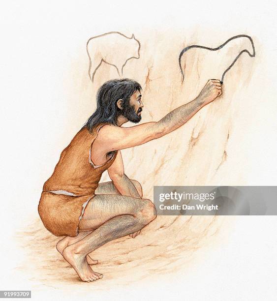 illustration of prehistoric man drawing on cave wall - human evolution drawing stock illustrations
