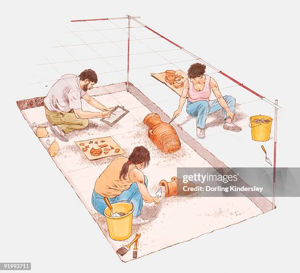 ilustraciones, imágenes clip art, dibujos animados e iconos de stock de digital illustration of archaeologists digging for pottery at ancient site - arqueólogo
