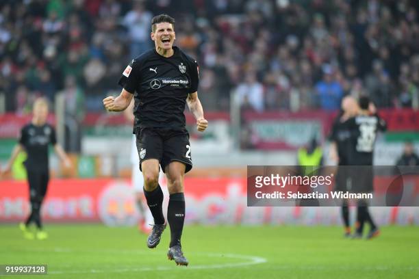 Mario Gomez of Stuttgart celebrates at the final whistle during the Bundesliga match between FC Augsburg and VfB Stuttgart at WWK-Arena on February...