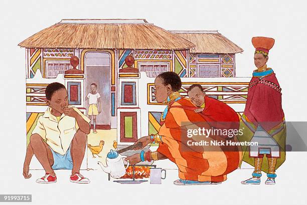 digital illustration of african tribal family gathered outside traditional thatched house - かやぶき屋根点のイラスト素材／クリップアート素材／マンガ素材／アイコン素材