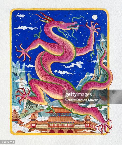 illustrations, cliparts, dessins animés et icônes de illustration of dragon striding over houses representing chinese year of the dragon - figure animale