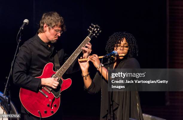 American Blues-Rock musicians Luther Dickinson, on guitar, and Sharde Thomas, on fife, both of the group North Mississippi Allstars, perform during...