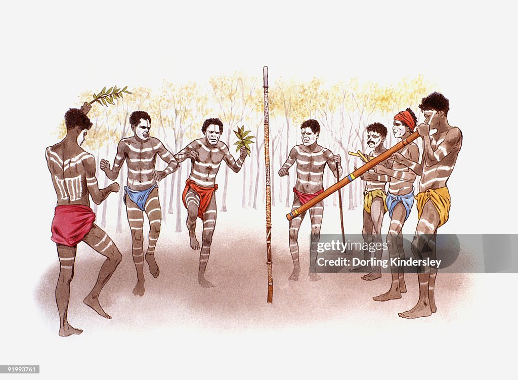 Digital illustration of Australian Aborgine men dancing, singing, and playing the didgeridoo