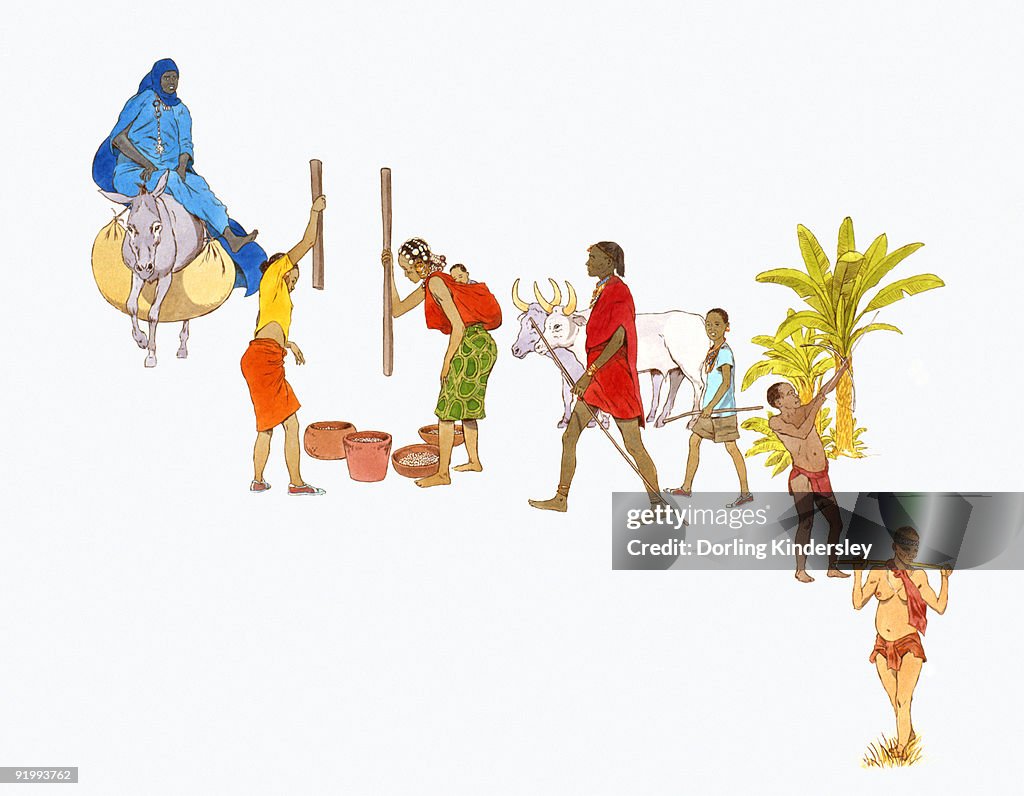 Digital illustration of the people of Tuareg, Ashanti, Masai, Pygmy and Bushmen tribes of Africa