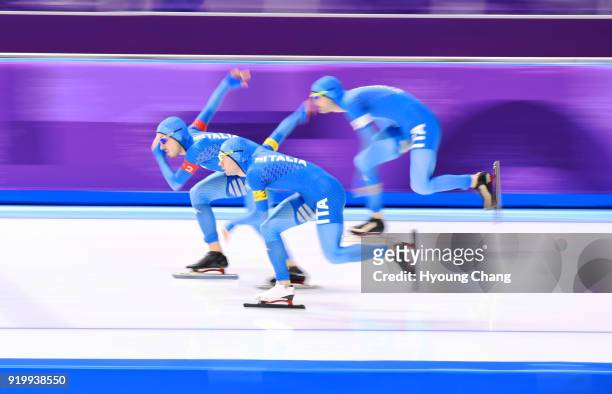 Pyeongchang, Gangwon From left, Italy's Riccardo Bugari, Italy's Nicola Tumolero and Italy's Michele Malfatti compete in the men's team pursuit...