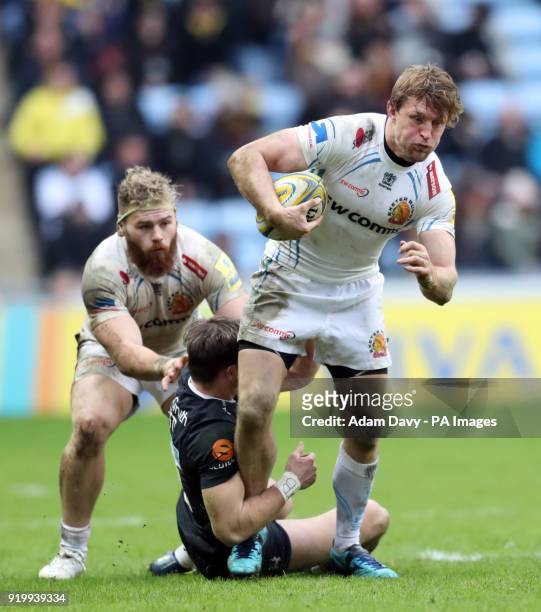Wasps' Josh Bassett tackles Exeter Chiefs' Lachie Turner during the Aviva Premiership match at the Ricoh Arena, Coventry.
