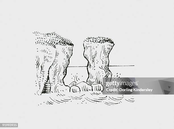 black and white illustration of coastal stack. - pile of rocks white background stock illustrations