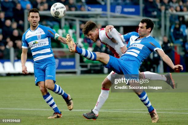 Bram van Polen of PEC Zwolle, Klaas Jan Huntelaar of Ajax, Dirk Marcellis of PEC Zwolle during the Dutch Eredivisie match between PEC Zwolle v Ajax...