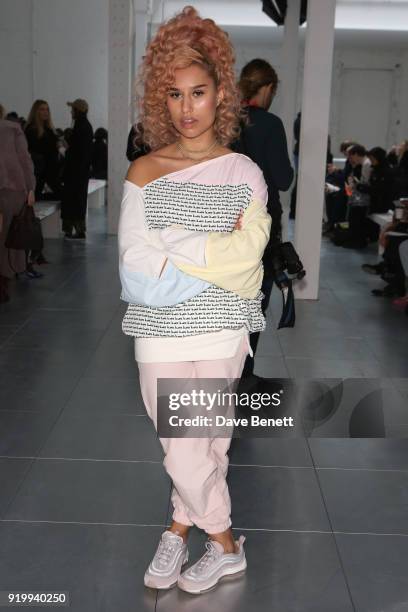 Raye attends the Fashion East show during London Fashion Week February 2018 at TopShop Show Space on February 18, 2018 in London, England.