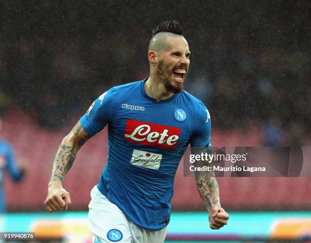 Marek Hamsik of Napoli celebrates a invalid goal during the serie A match between SSC Napoli and Spal at Stadio San Paolo on February 18, 2018 in...