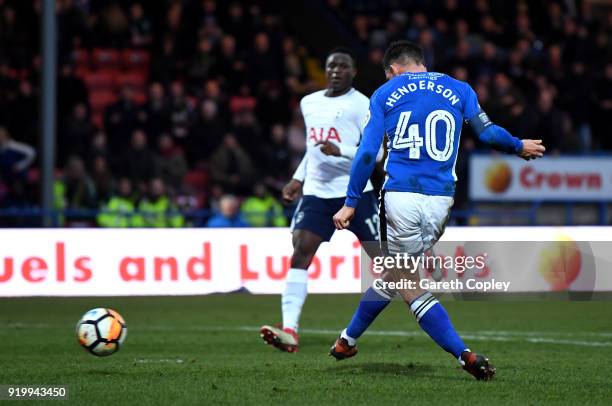 Ian Henderson of Rochdale AFC scores the first goal during The Emirates FA Cup Fifth Round match between Rochdale and Tottenham Hotspur on February...