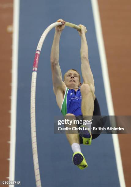 Adam Hague in action as he wins the Mens Pole Vault during Day Two of the SPAR British Athletics Indoor Championships at Arena Birmingham on February...