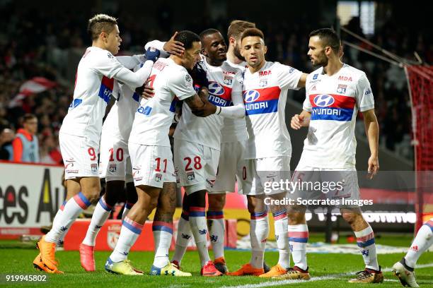 Bertrand Traore of Olympique Lyon celebrates 0-1 with Mariano Diaz of Olympique Lyon, Memphis Depay of Olympique Lyon, Tanguy Ndombele Alvaro of...