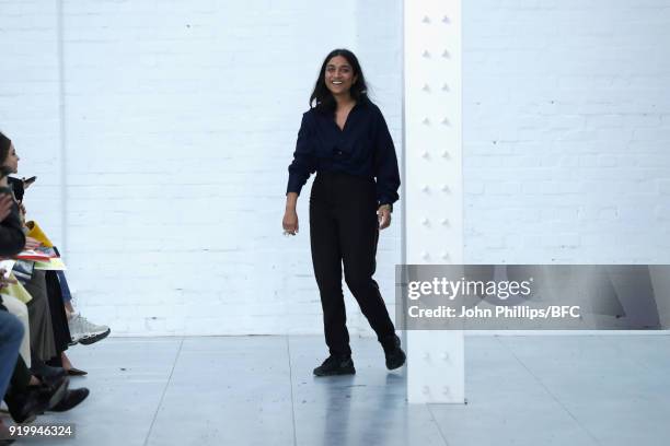 Fashion designer Supriya Lele is seen on the runway at the Fashion East - Supriya Lele show during London Fashion Week February 2018 at TopShop Show...