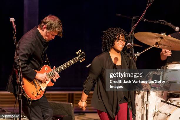 American Blues-Rock musicians Luther Dickinson, on guitar, and Sharde Thomas, on fife, both of the group North Mississippi Allstars, perform during...