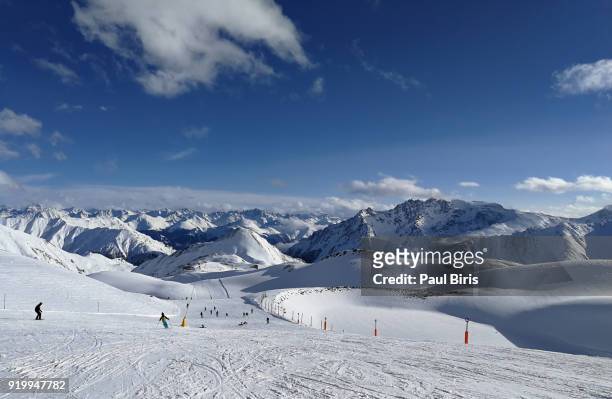 scenic view of ski slope against sky, ischgl, tyrol, austria - イシュグル ストックフォトと画像