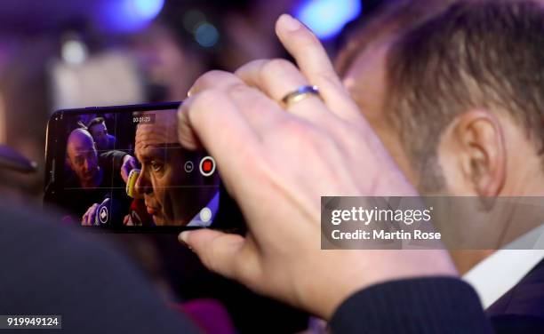 The new Hamburg e.V. President Bernd Hoffmann speaks to the press after the Hamburger SV General Assembly at Kuppel on February 18, 2018 in Hamburg,...