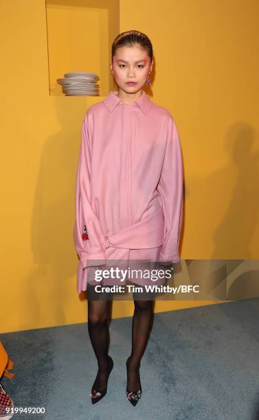 Model showcases designs at the Roberta Einer presentation during London Fashion Week February 2018 at The Law Society on February 18, 2018 in London,...