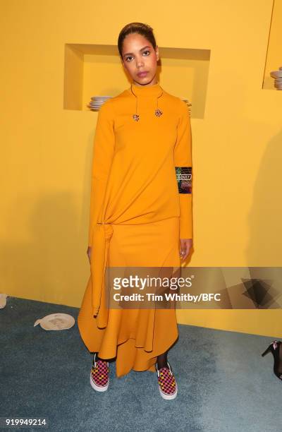 Model showcases designs at the Roberta Einer presentation during London Fashion Week February 2018 at The Law Society on February 18, 2018 in London,...