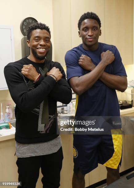 Chadwick Boseman and Victor Oladipo pose in the trainers room during NBA All-Star Saturday Night on February 18, 2018 in Los Angeles, California.