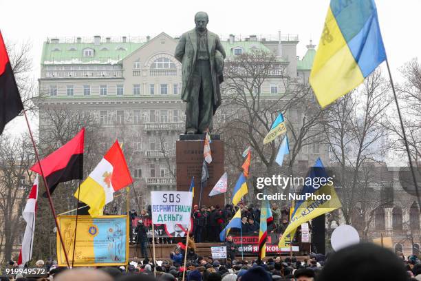 The rally of Saakashvili supporters near Taras Shevchenko monument in Kyiv, Ukraine, Feb. 18, 2018. Few thousands of protesters and supporters of the...