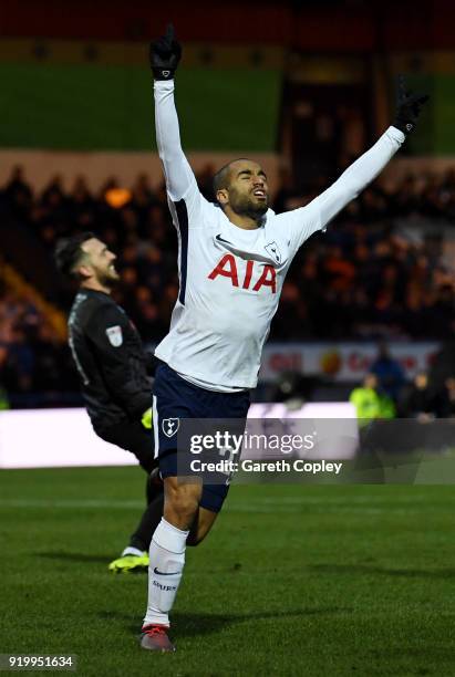 Lucas Moura of Tottenham Hotspur celebrates scoring the first Tottenham Hotspur goal during The Emirates FA Cup Fifth Round match between Rochdale...