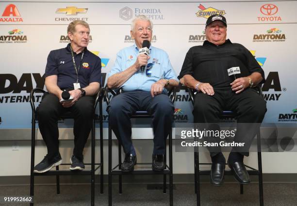 Hall of Famers Bill Elliott, NASCAR Hall of Famer Bobby Allison, and Motorsports legend A.J. Foyt speak with the media during a press conference...