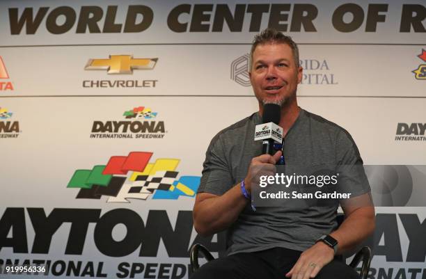 Major League Baseball Hall of Famer Chipper Jones speaks with the media during a press conference prior to the start of the Monster Energy NASCAR Cup...