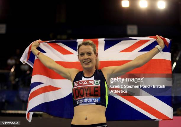 Eilidh Doyle of Great Britain celebrates winning the womens 400m final during day two of the SPAR British Athletics Indoor Championships at Arena...