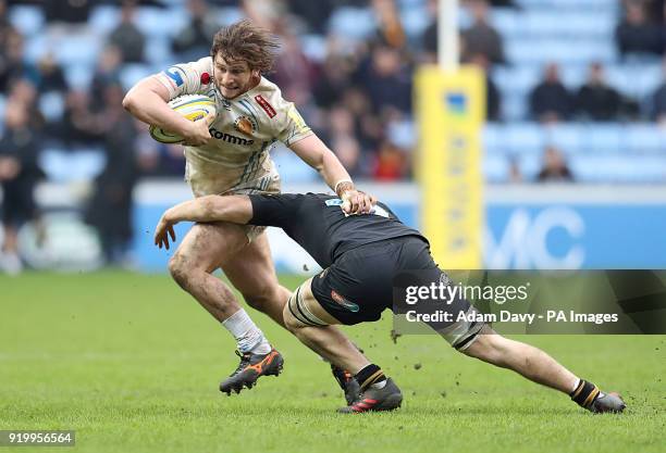 Wasps' Jack Willis tackles Exeter Chiefs' Alec Hepburn during the Aviva Premiership match at the Ricoh Arena, Coventry.