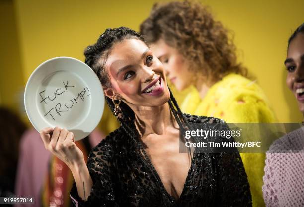 Model backstage ahead of the Roberta Einer presentation during London Fashion Week February 2018 at The Law Society on February 18, 2018 in London,...