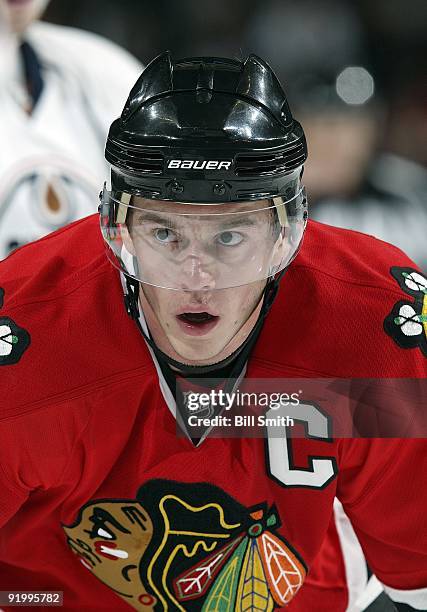 Jonathan Toews of the Chicago Blackhawks waits for play to begin during a game against the Edmonton Oilers on October 14, 2009 at the United Center...