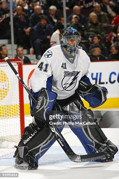 Goalie Mike Smith of the Tampa Bay Lightning guards the net against the Ottawa Senators during a game at Scotiabank Place on October 15, 2009 in...