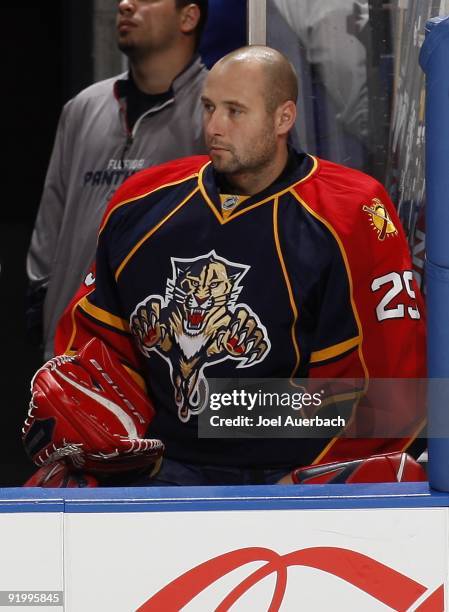 Goaltender Tomas Vokoun of the Florida Panthers sits on the bench during the game against the Philadelphia Flyers on October 16, 2009 at the...