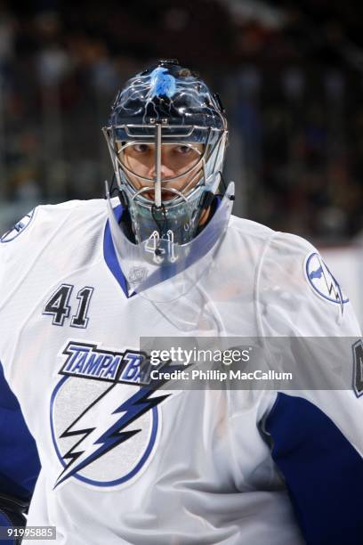 Goalie Mike Smith of the Tampa Bay Lightning looks on against the Ottawa Senators during a game at Scotiabank Place on October 15, 2009 in Ottawa,...