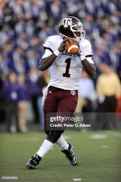 Quarterback Jerrod Johnson of the Texas A&M Aggies drops back to pass during a game against the Kansas State Wildcats on October 17, 2009 at Bill...