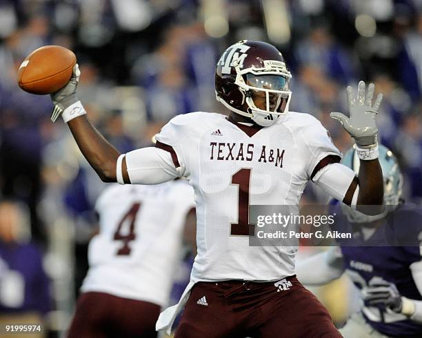 Quarterback Jerrod Johnson of the Texas A&M Aggies gets ready to throw a pass against the Kansas State Wildcats in the first half on October 17, 2009...