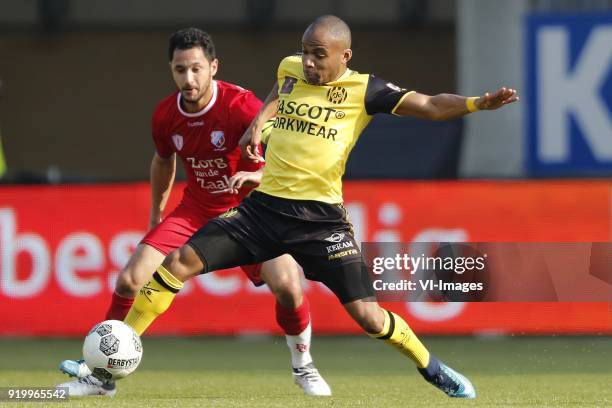 Mark van der Maarel of FC Utrecht, Mikhail Rosheuvel of Roda JC during the Dutch Eredivisie match between Roda JC Kerkrade and FC Utrecht at the...