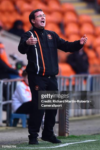 Blackpool manager Gary Bowyer gestures during the Sky Bet League One match between Blackpool and Peterborough United at Bloomfield Road on February...