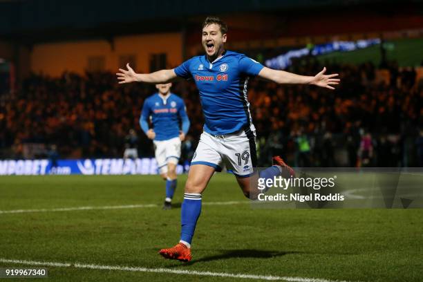 Steve Davies of Rochdale AFC celebrates scoring the second Rochdale goal AFC during The Emirates FA Cup Fifth Round match between Rochdale and...