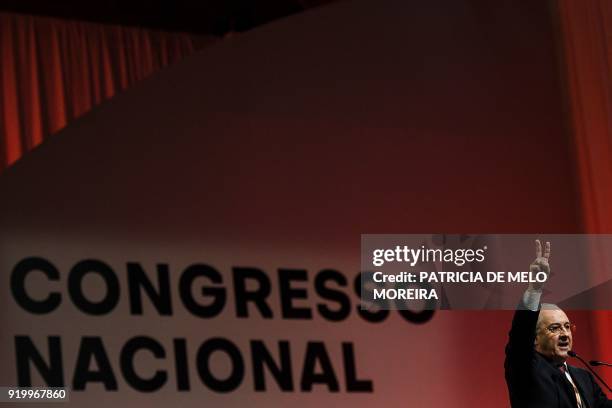 Newly elected president of the Social Democratic Party Rui Rio gestures during his closing speech at the 37th PSD Congress in Lisbon on February 18,...