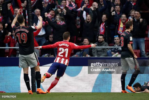 Kevin Gameiro of Atletico Madrid celebrates after scoring during a La Liga week 24 match between Atletico Madrid and Athletic Club Bilbao at the...