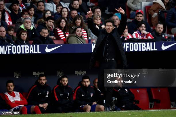 Head coach Diego Simeone of Atletico Madrid gestures during a La Liga week 24 match between Atletico Madrid and Athletic Club Bilbao at the Wanda...