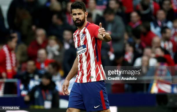Diego Costa of Atletico Madrid celebrates after scoring during a La Liga week 24 match between Atletico Madrid and Athletic Club Bilbao at the Wanda...