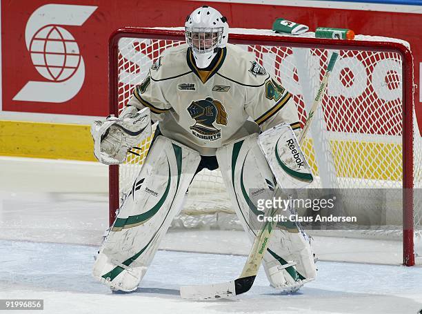 Michael Hutchinson of the London Knights watches the play in a game against the Barrie Colts on October 16, 2009 at the John Labatt Centre in London,...