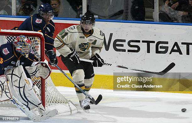 Nazem Kadri of the London Knights looks to make a pass in a game against the Barrie Colts on October 16, 2009 at the John Labatt Centre in London,...