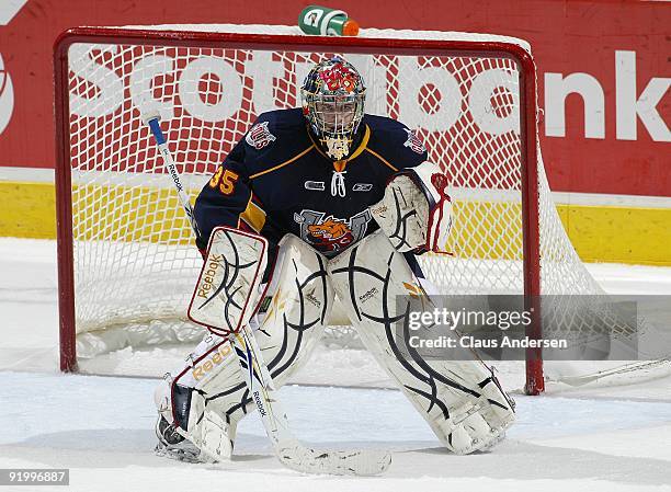 Peter Di Salvo of the Barrie Colts keeps an eye on the play in a game against the London Knights on October 16, 2009 at the John Labatt Centre in...