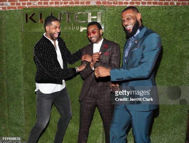 Players Tristan Thompson, John Wall and Lebron James share a laugh at the Klutch Sports Group "More Than A Game" Dinner Presented by Remy Martin at...