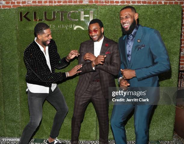 Players Tristan Thompson, John Wall and Lebron James share a laugh at the Klutch Sports Group "More Than A Game" Dinner Presented by Remy Martin at...